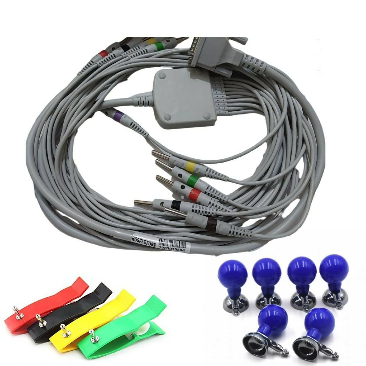 ECG Accessories Kit Combo | 10 Lead 15 Pin Banana Connector ECG Cable | Set of Clamp Electrodes | Set of Chest Electrodes with Bulbs